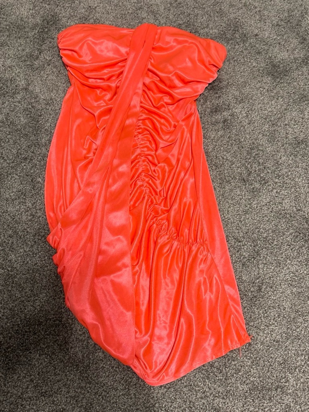 Morgan & Co. Strapless Satin Ruched Dress in Bright Coral Red
